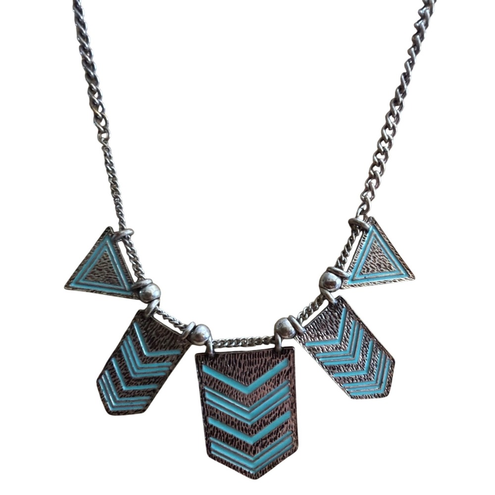 Silver Tone Teal‎ Enamel Geometric Chevron Statement Bib Necklace